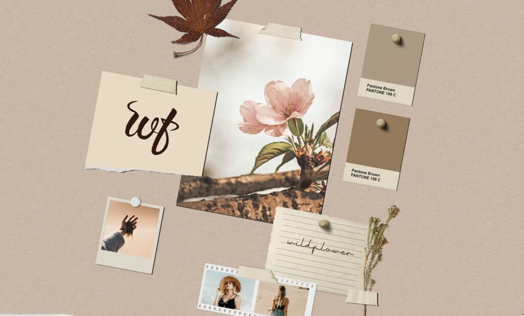 A moodboard with logo, pantone colours and images to get a look and feel of a brand